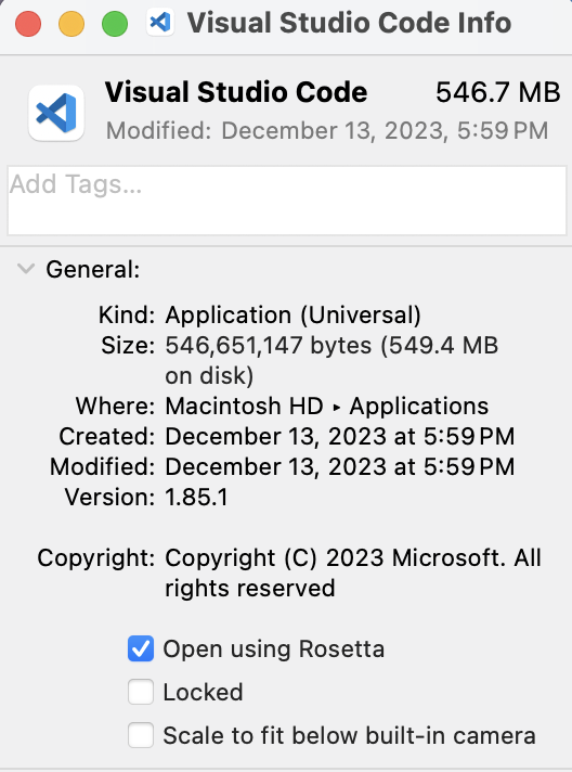 VSCode Get Info dialog box